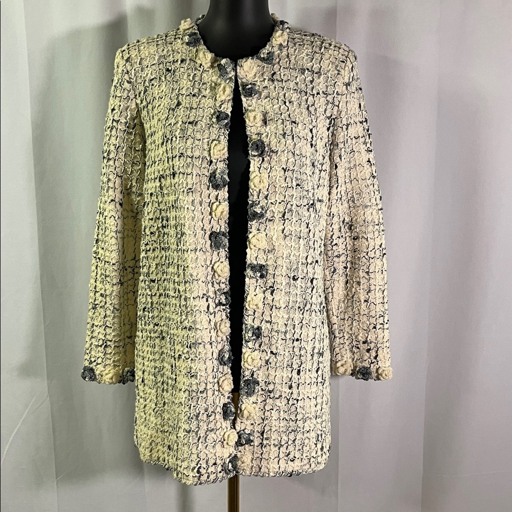 Vintage Van Lear Haute Couture Cream & Gray Rosette Accent Tweed Jacket